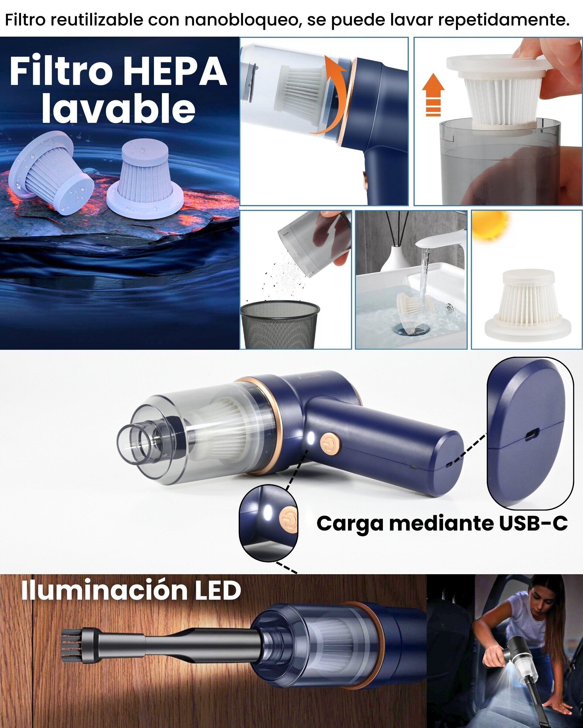 Aspirador y soplador de mano portátil para coche y PC sin cables - 5