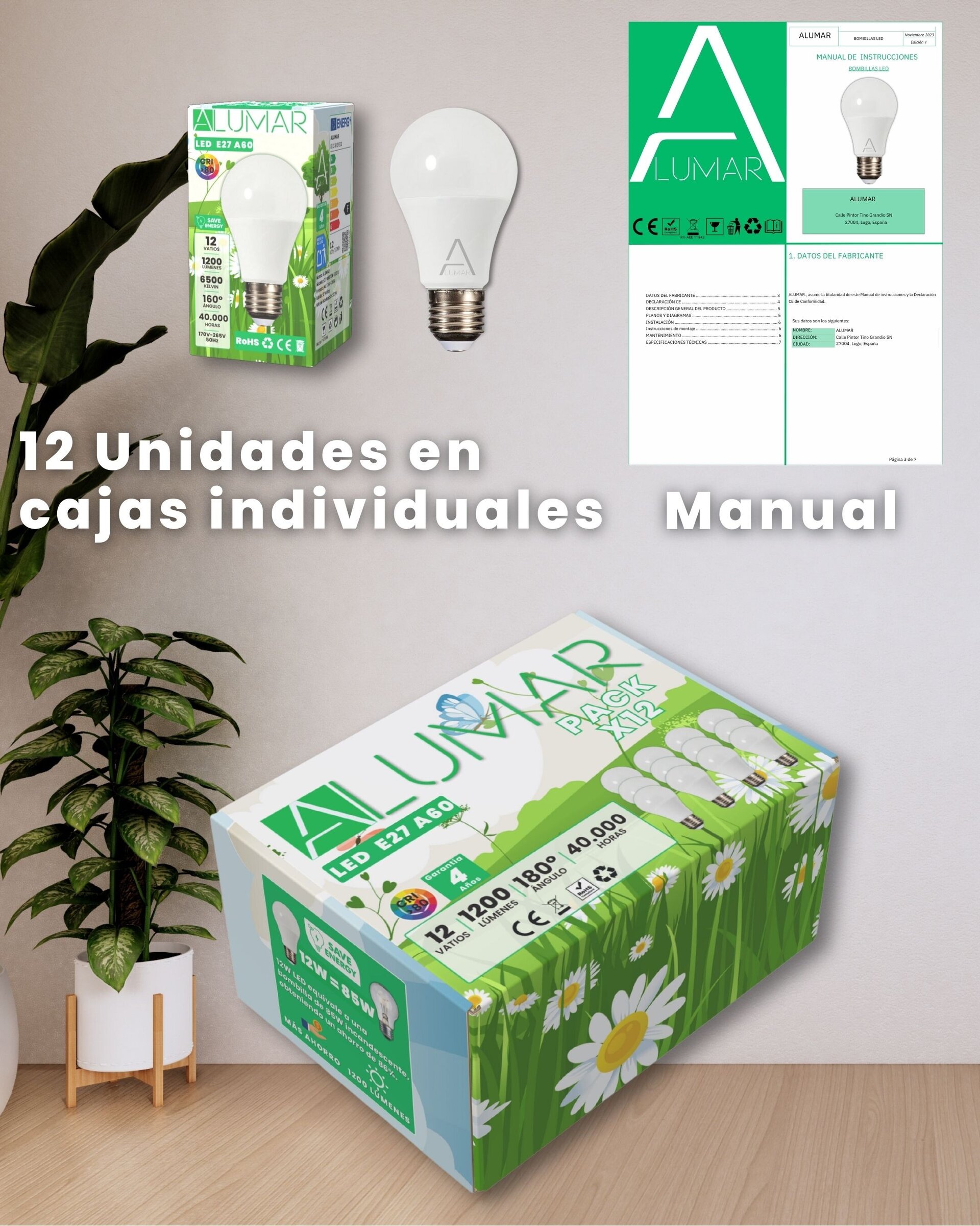 Bombillas LED E27 A60 Luz Blanco Frío 6500K de 12W - 12