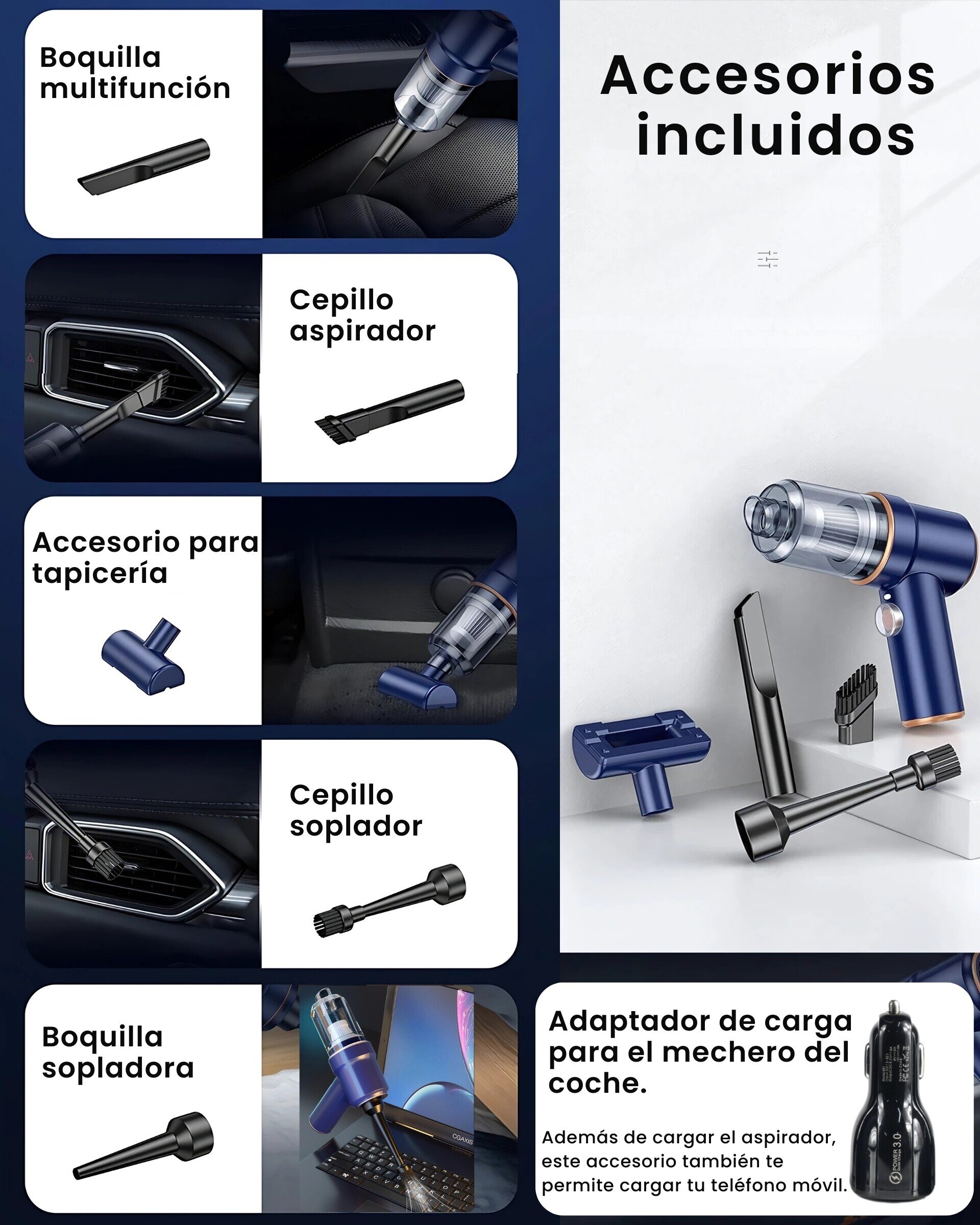 Aspirador y soplador de mano portátil para coche y PC sin cables - 7