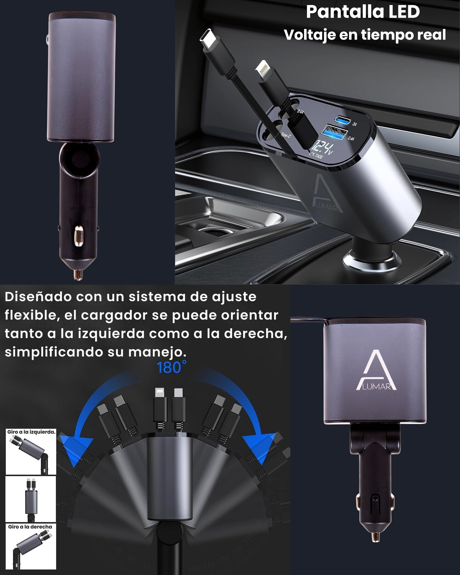 Cargador de Coche retráctil 80cm Ultra Rápido 120W Turbo Charging - 3