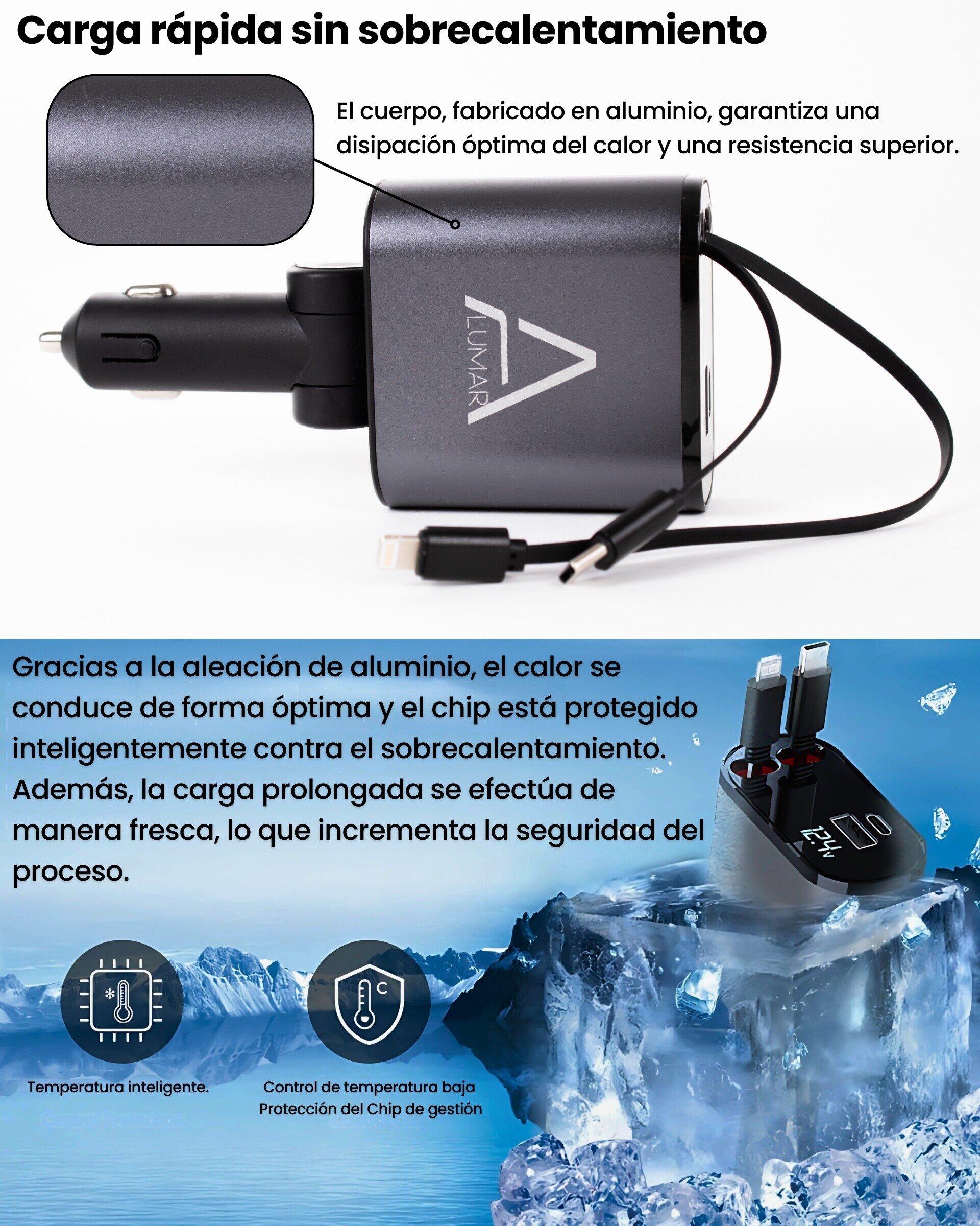 Cargador de Coche retráctil 80cm Ultra Rápido 120W Turbo Charging - 2