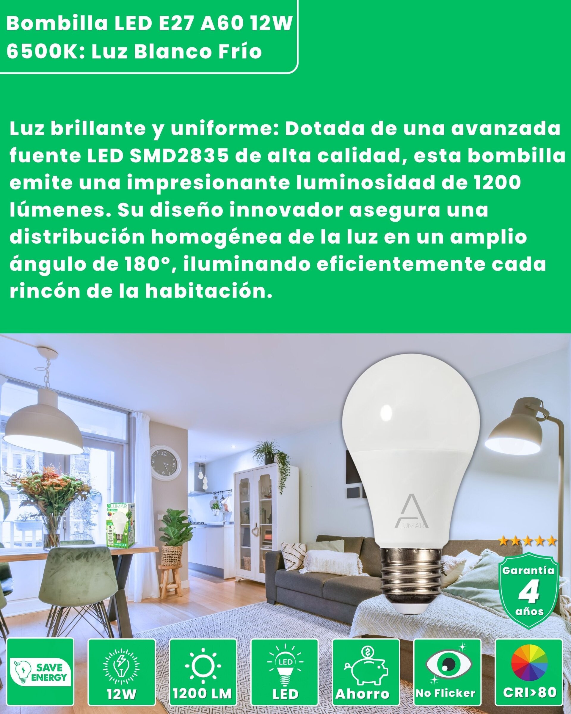 Bombillas LED E27 A60 Luz Blanco Frío 6500K de 12W - 3