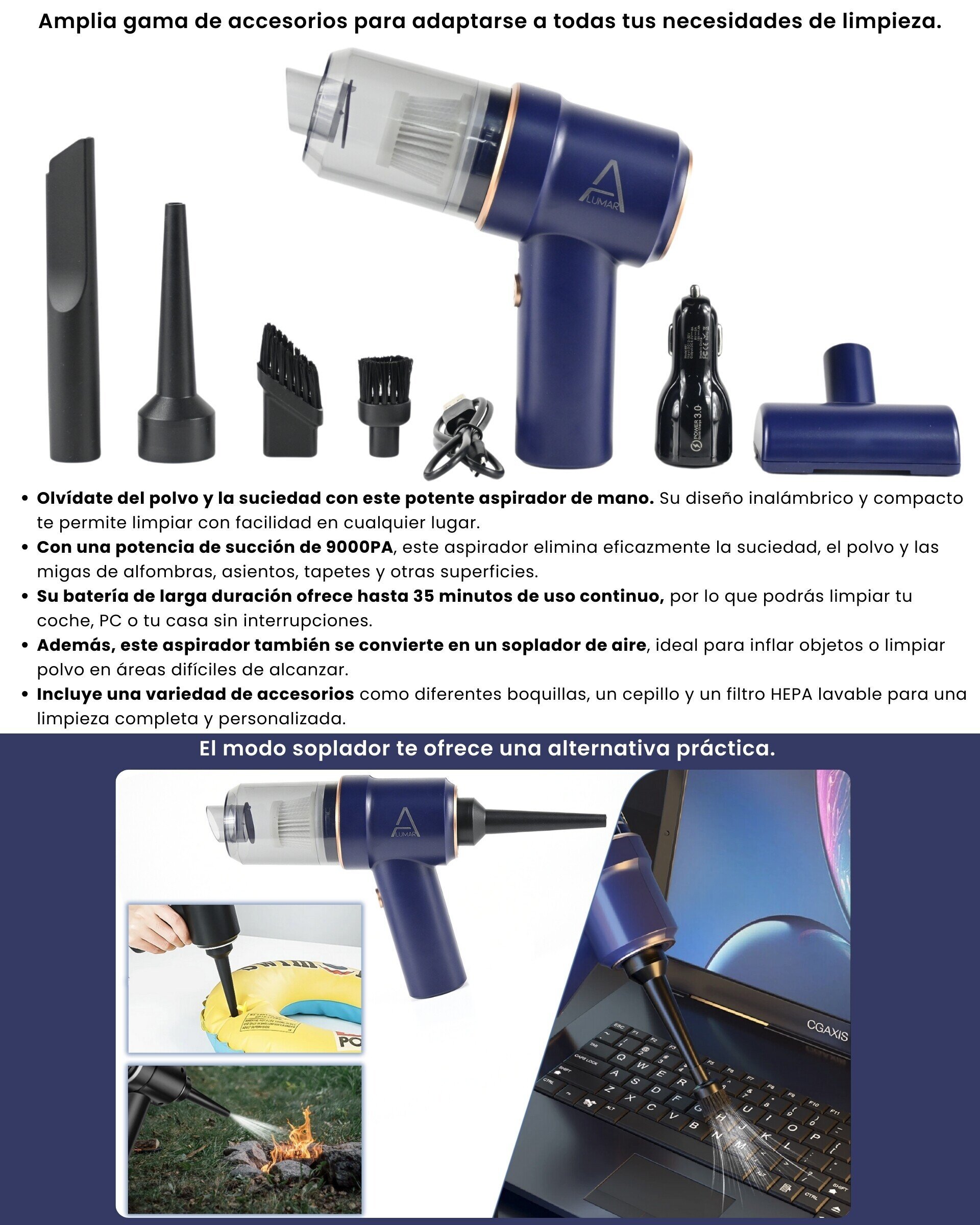 Aspirador y soplador de mano portátil para coche y PC sin cables - 8
