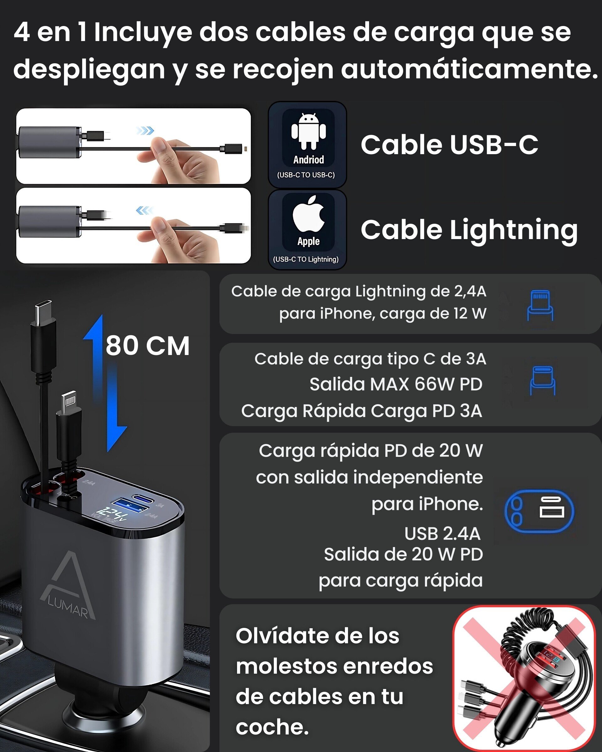 Cargador de Coche retráctil 80cm Ultra Rápido 120W Turbo Charging - 6