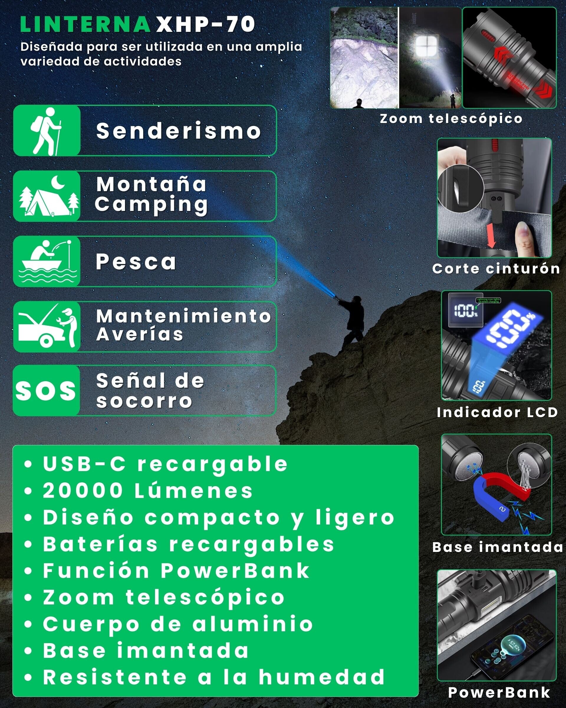 Linternas LED alta potencia XHP-70.2 táctica militar - 2