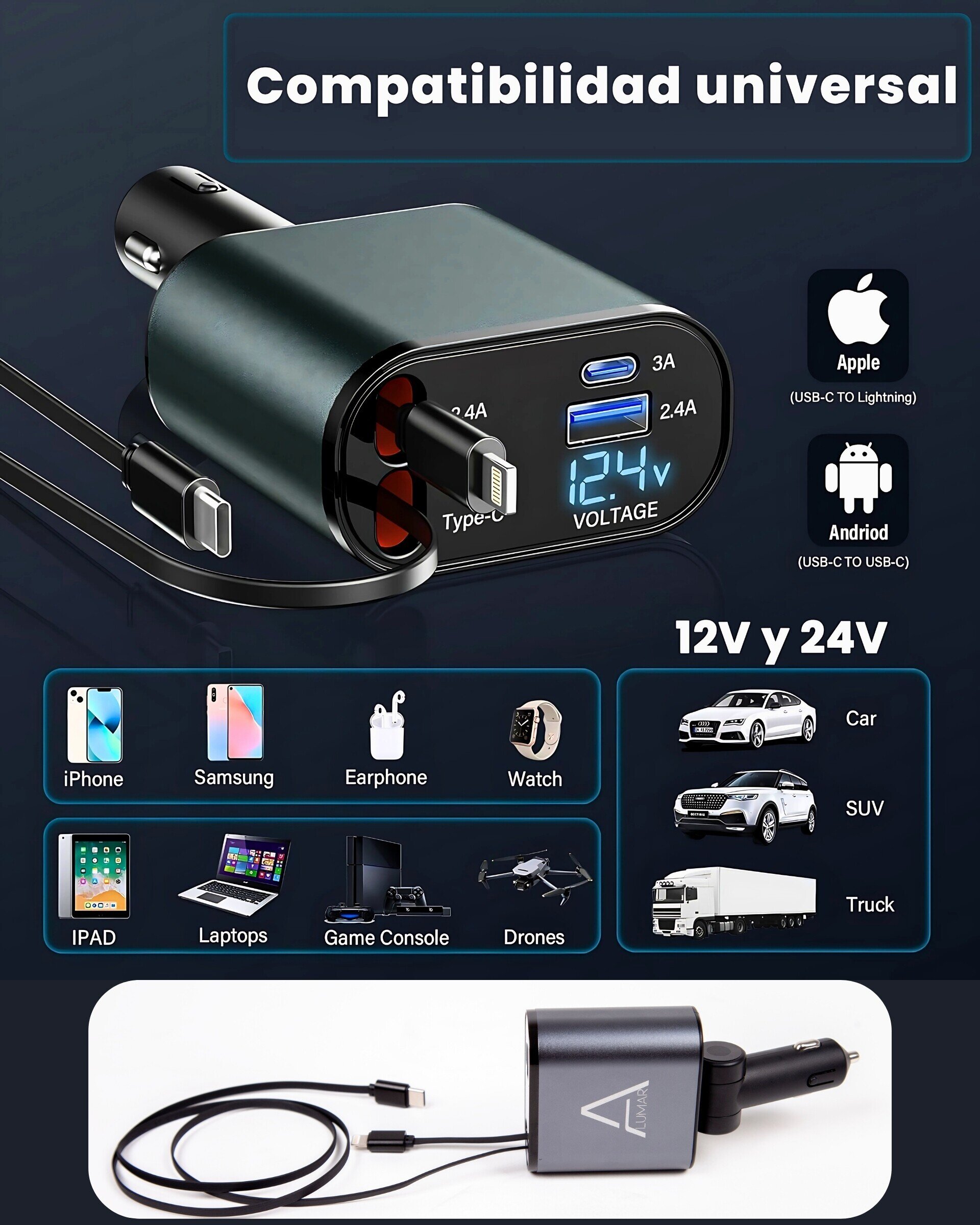 Cargador de Coche retráctil 80cm Ultra Rápido 120W Turbo Charging - 4